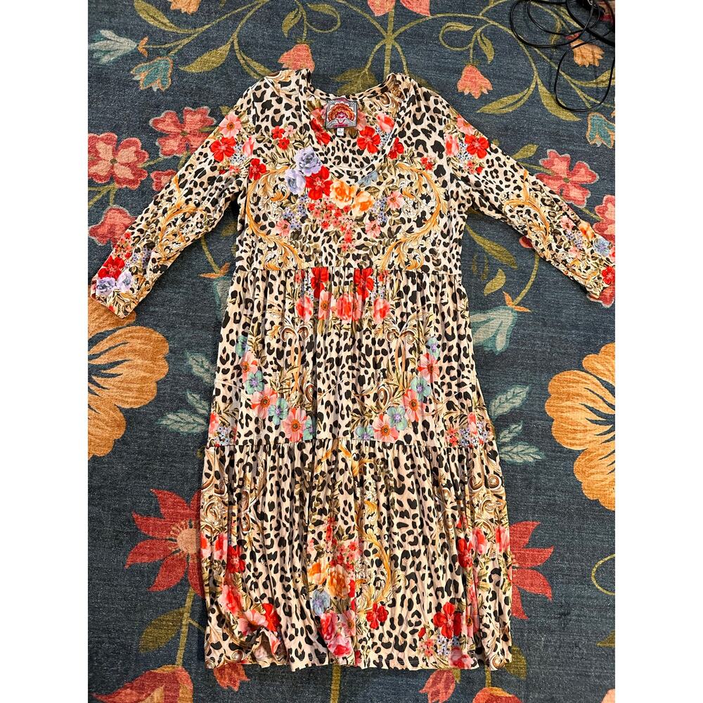 Johnny Was Cheetah Tiered Tea Length Dress Size Large - Picture 2 of 5